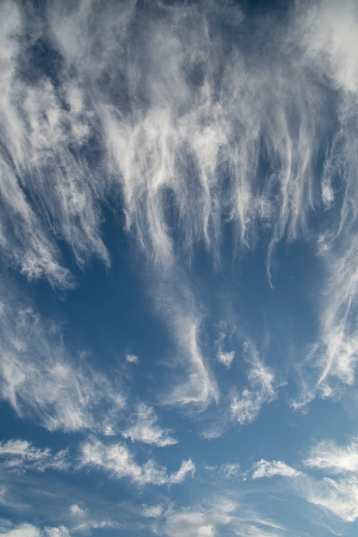 Atmospheric cirrus clouds stretching across a vibrant blue sky.