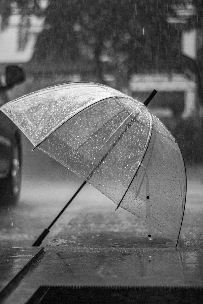 Grayscale photo of a transparent umbrella on a rainy sidewalk during a storm.